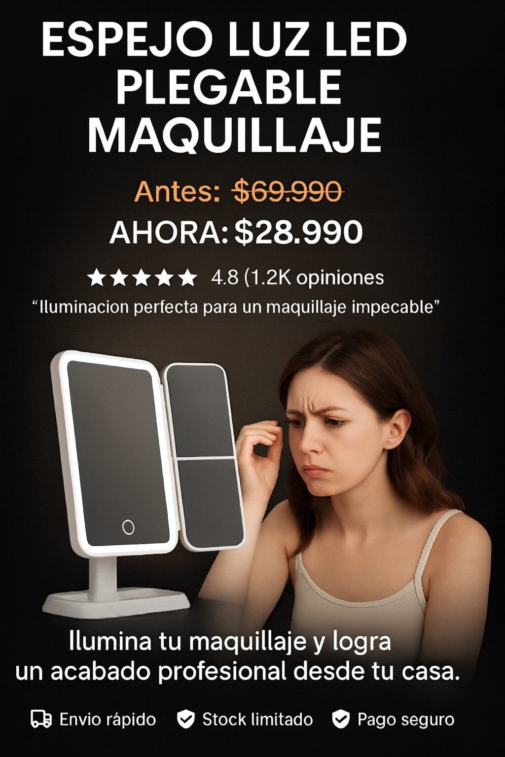 Espejo Luz LED Plegable Maquillaje